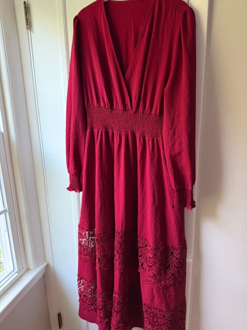 OLAESA Burgundy Long Sleeve Boho Maxi Dress Lace Trim XXL NWT - Picture 2 of 5